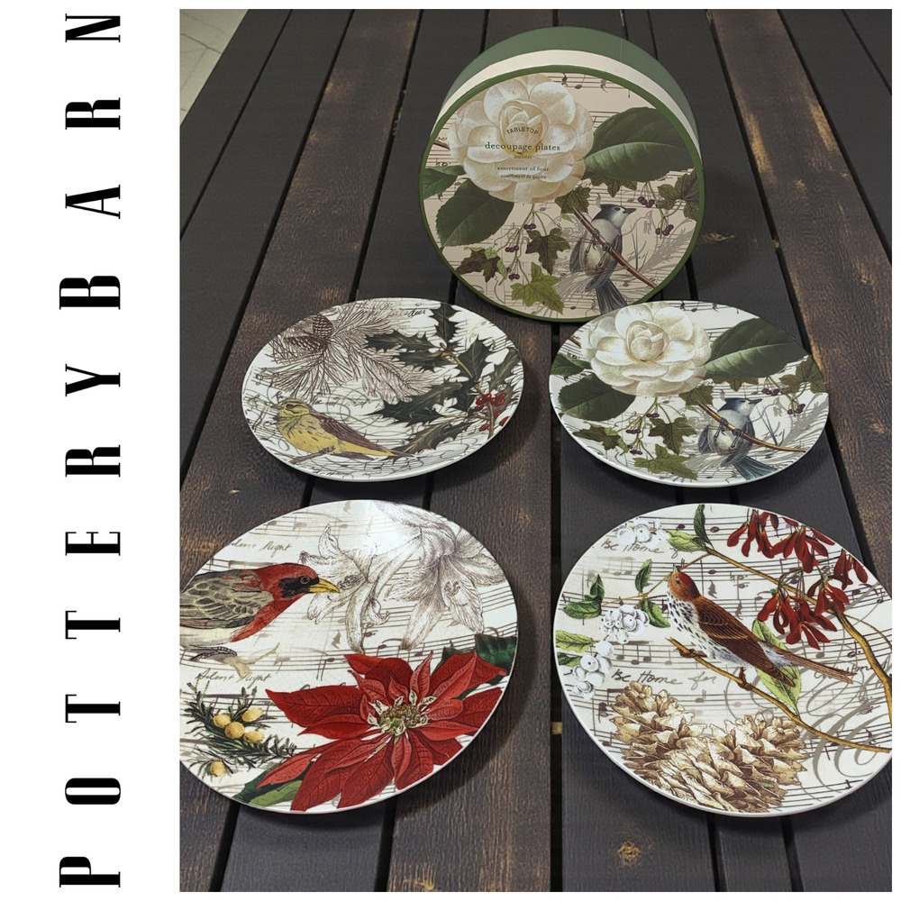 NEW Vintage Y2K Pottery Barn Christmas Songbird Floral Set 4 8.25" Plates Boxed